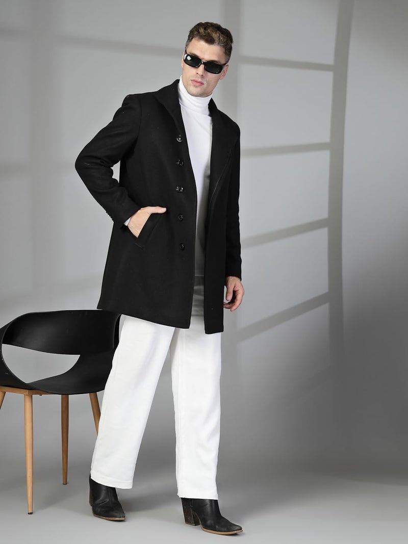 CHKOKKO Men Stylish Long Winter Coat Single Breasted Thigh Length Overcoat with Elegant Spread Collar & Practical Front Side Pockets for Formal or Semi-Formal Occasions BLACK 3XL - Image 3