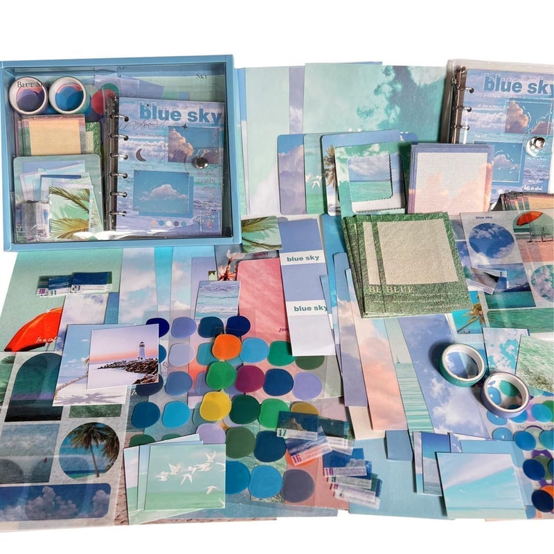 GLADBACK (346Pcs) Paper Junk Journal & Scrapbook Kit with Creative Decor Journaling Supplies, Stationery, Stickers, A6 Grid Notebook with Graph Ruled Page Gift for Girl (Blue sky Scrapbook) - Image 4