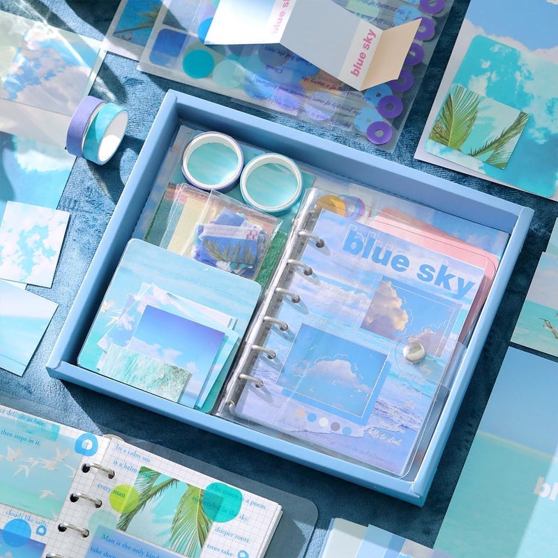 GLADBACK (346Pcs) Paper Junk Journal & Scrapbook Kit with Creative Decor Journaling Supplies, Stationery, Stickers, A6 Grid Notebook with Graph Ruled Page Gift for Girl (Blue sky Scrapbook) - Image 1