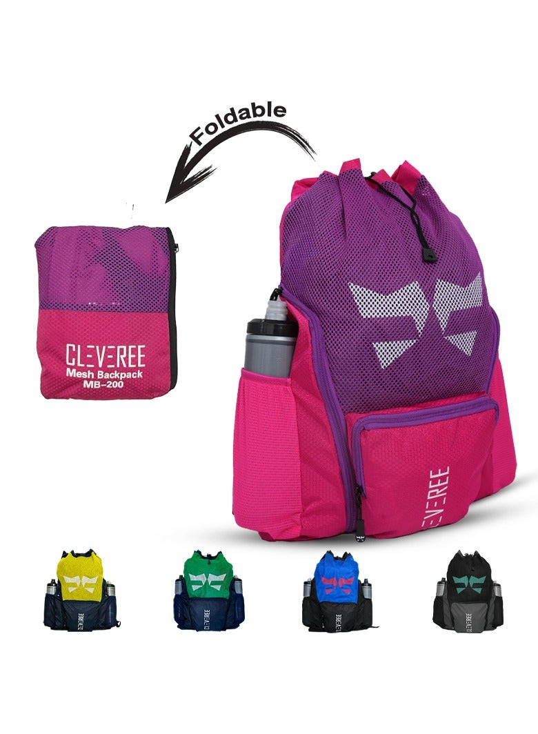 CLEVEREE® Sports Mesh Backpack for Travel, Swimming, Football, Beach. Basketball, Gym - Breathable - Waterproof pocket - Shoe Compartment Pocket (Pink Attitude) - Image 1