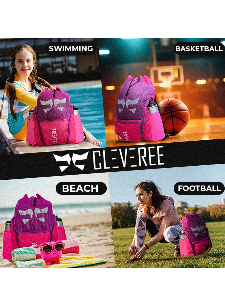 CLEVEREE® Sports Mesh Backpack for Travel, Swimming, Football, Beach. Basketball, Gym - Breathable - Waterproof pocket - Shoe Compartment Pocket (Pink Attitude) - Image 2