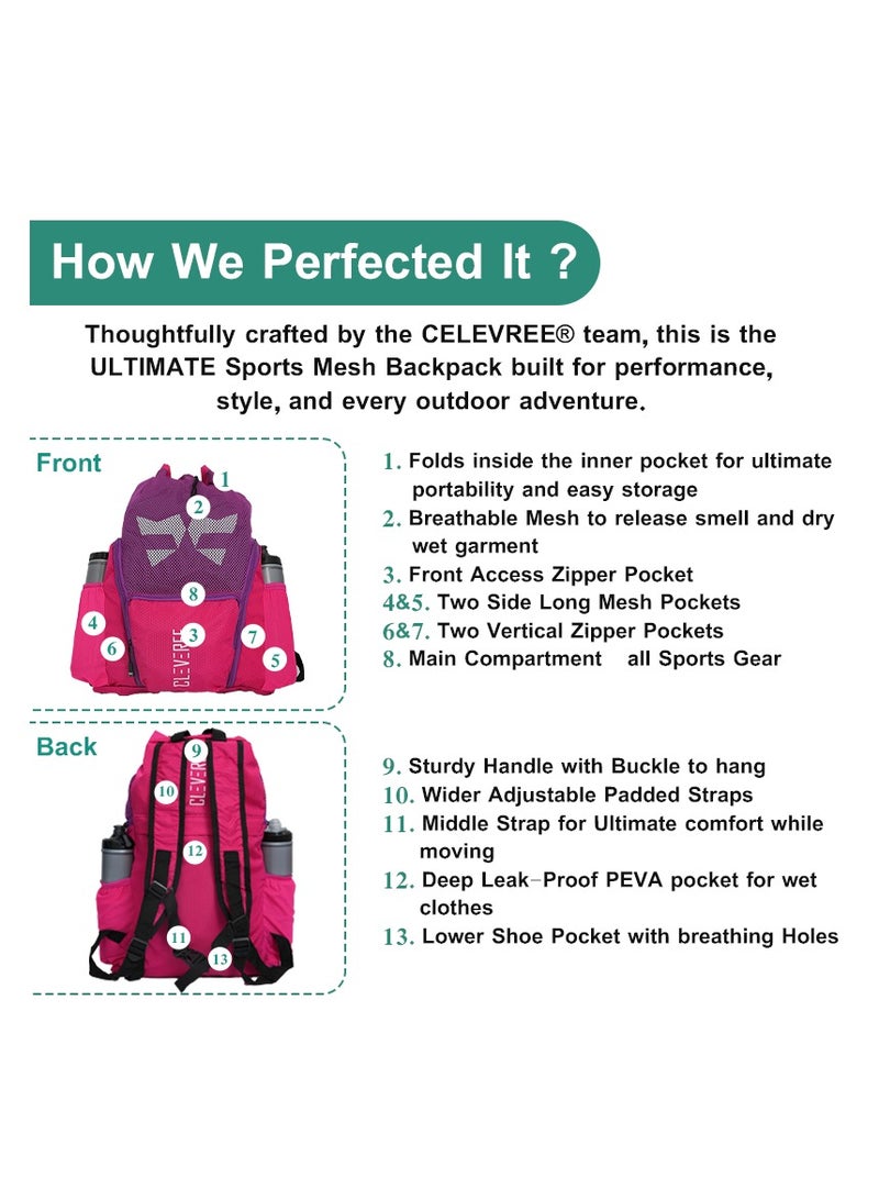 CLEVEREE® Sports Mesh Backpack for Travel, Swimming, Football, Beach. Basketball, Gym - Breathable - Waterproof pocket - Shoe Compartment Pocket (Pink Attitude) - Image 5