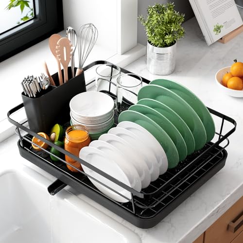 Kitsure Dish Drying Rack for Kitchen Counter Stainless Steel Sink Organization and Storage Essentials with Cutlery Holder Home and Appartment Decor 12W x 155L Black