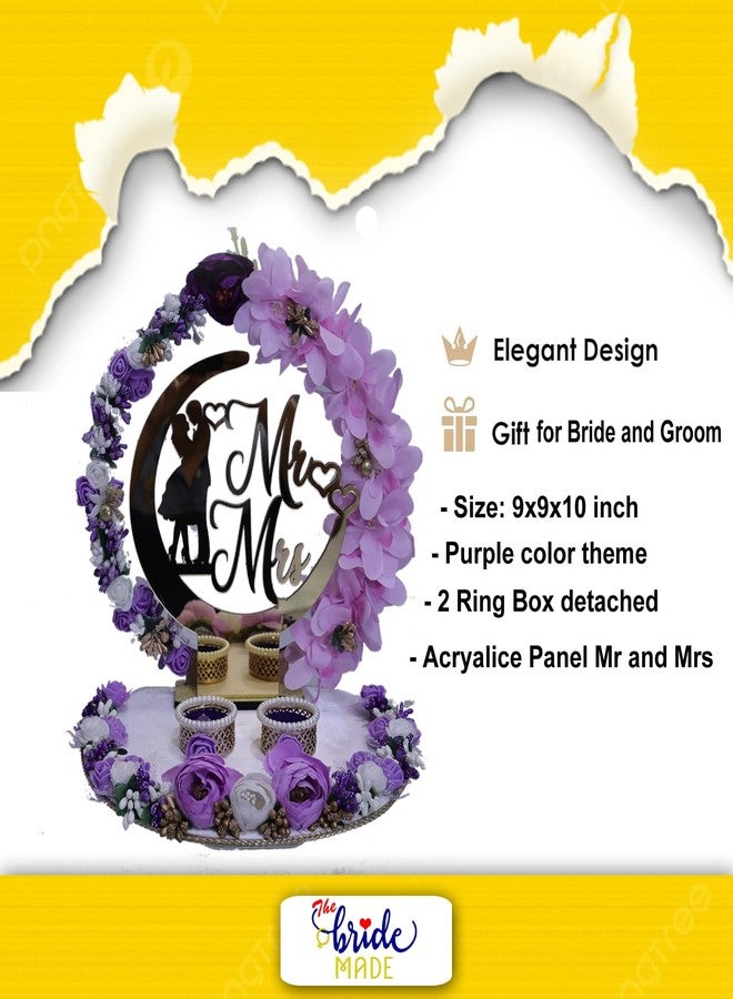 THE BRIDE MADE Wood Engagement Ring Platter | Round Acrylic Mr & Mrs Base (10x10x10 in) | Purple Theme with White Base, Artificial Flowers, Love Couple Figure & 2 Detachable Ring Boxes - Image 3