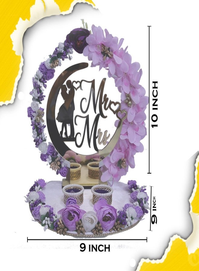 THE BRIDE MADE Wood Engagement Ring Platter | Round Acrylic Mr & Mrs Base (10x10x10 in) | Purple Theme with White Base, Artificial Flowers, Love Couple Figure & 2 Detachable Ring Boxes - Image 2