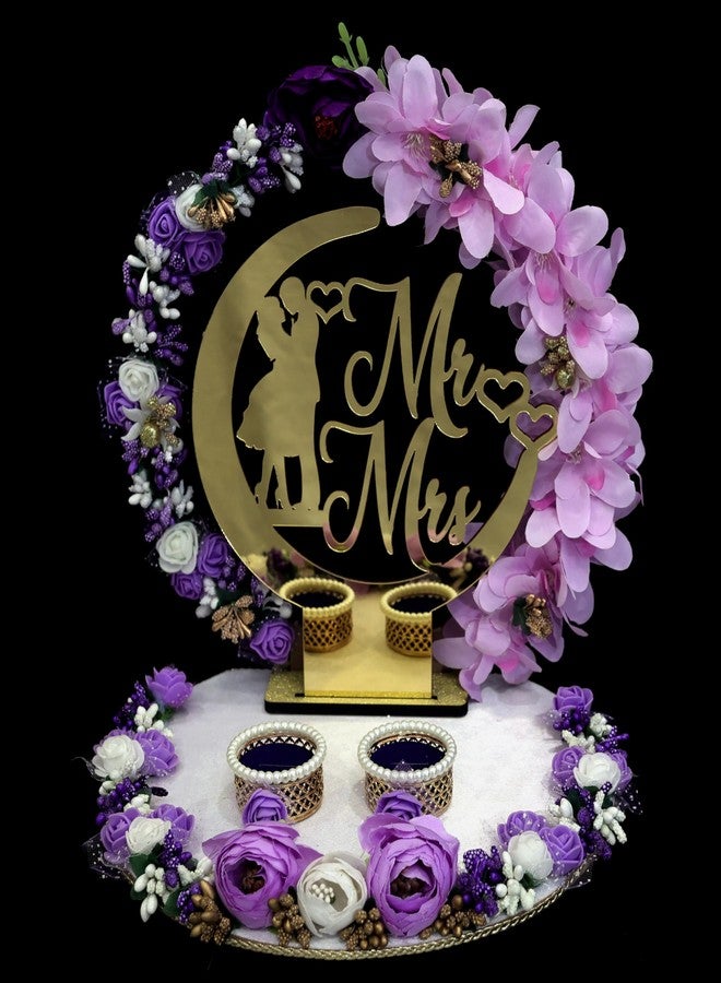 THE BRIDE MADE Wood Engagement Ring Platter | Round Acrylic Mr & Mrs Base (10x10x10 in) | Purple Theme with White Base, Artificial Flowers, Love Couple Figure & 2 Detachable Ring Boxes - Image 1