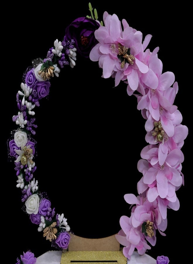 THE BRIDE MADE Wood Engagement Ring Platter | Round Acrylic Mr & Mrs Base (10x10x10 in) | Purple Theme with White Base, Artificial Flowers, Love Couple Figure & 2 Detachable Ring Boxes - Image 5