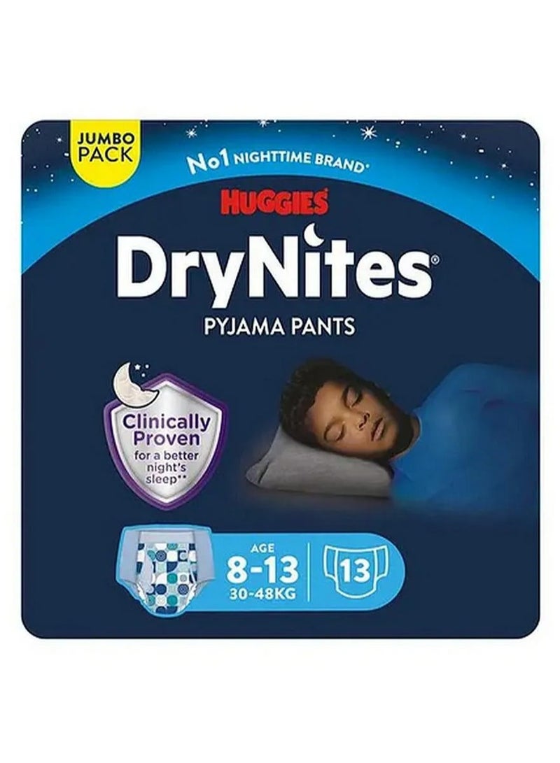 HUGGIES بنطلونات بيجاما هاجيز دراينيتس للمراهقين، 13 قطعة، عبوة كبيرة، للأولاد من عمر 8-13 سنة، 30-48 كجم - حماية ليلية، فائقة الامتصاص، 5 طبقات، خالية من التسرب - Image 1
