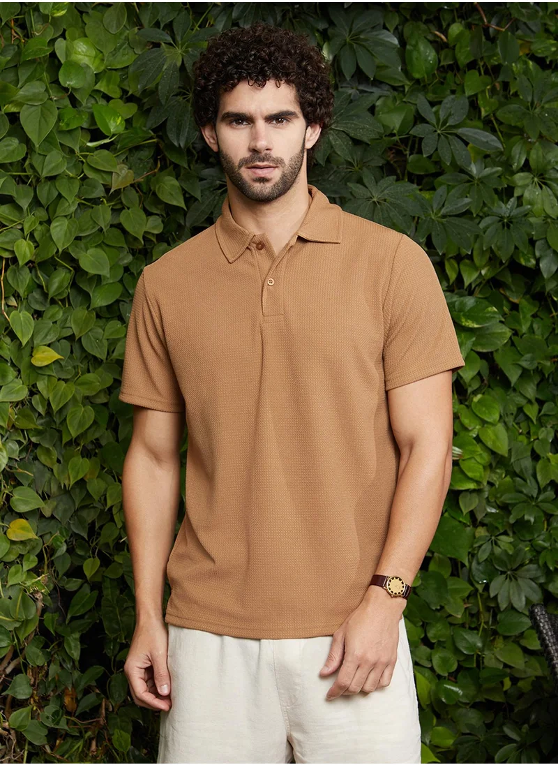 كامبوس سوترا Men's Camel Beige Chainlink-Ribbed Polo T-Shirt