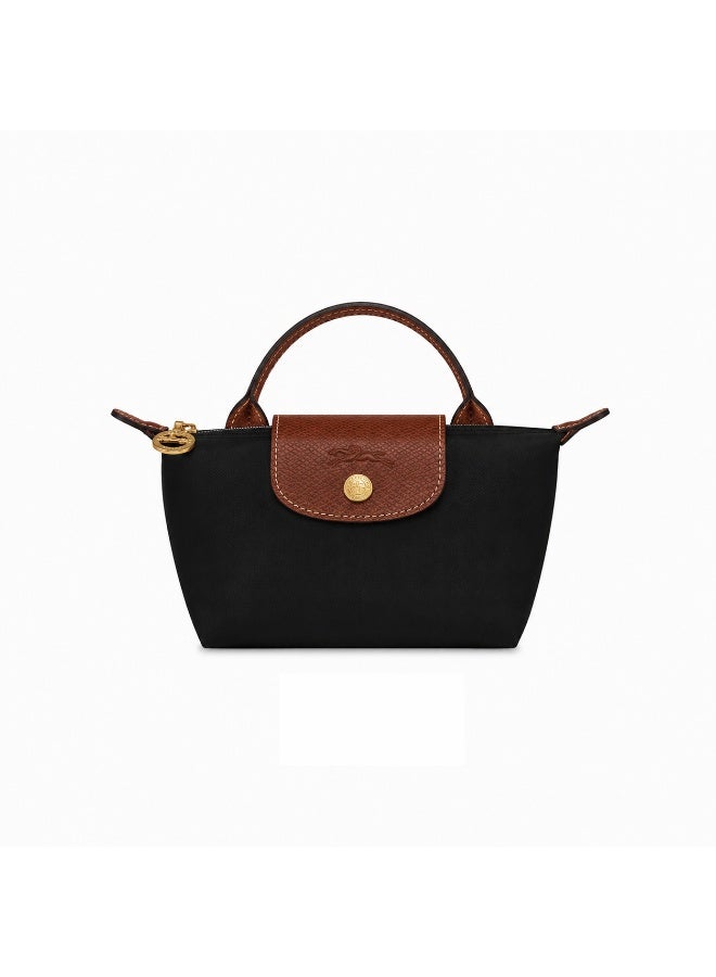 Black Nylon Mini Tote Bag with Brown Leather Handle & Snap  Flap