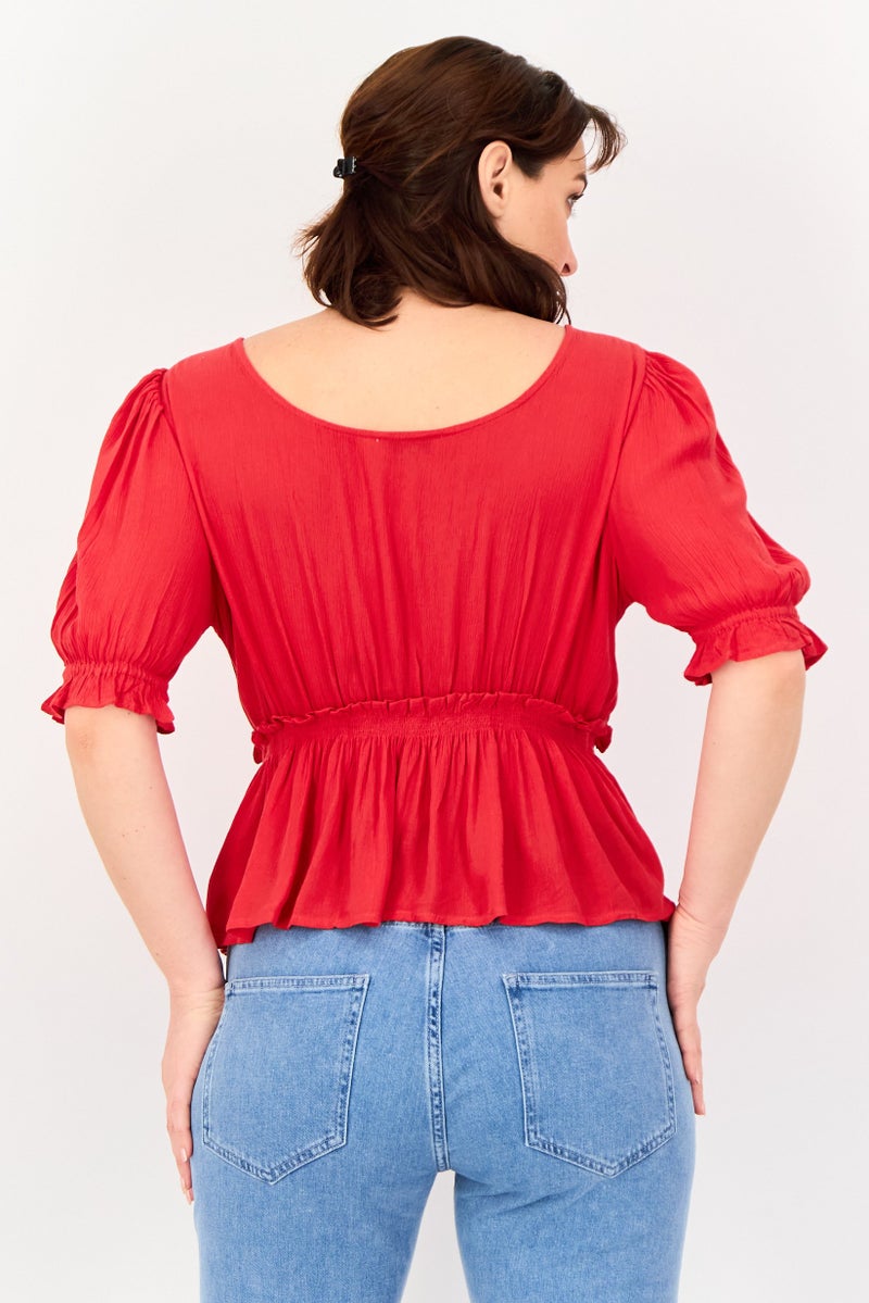 JDY Women Tie Neck Short Sleeve Solid Blouse, Red - Image 3