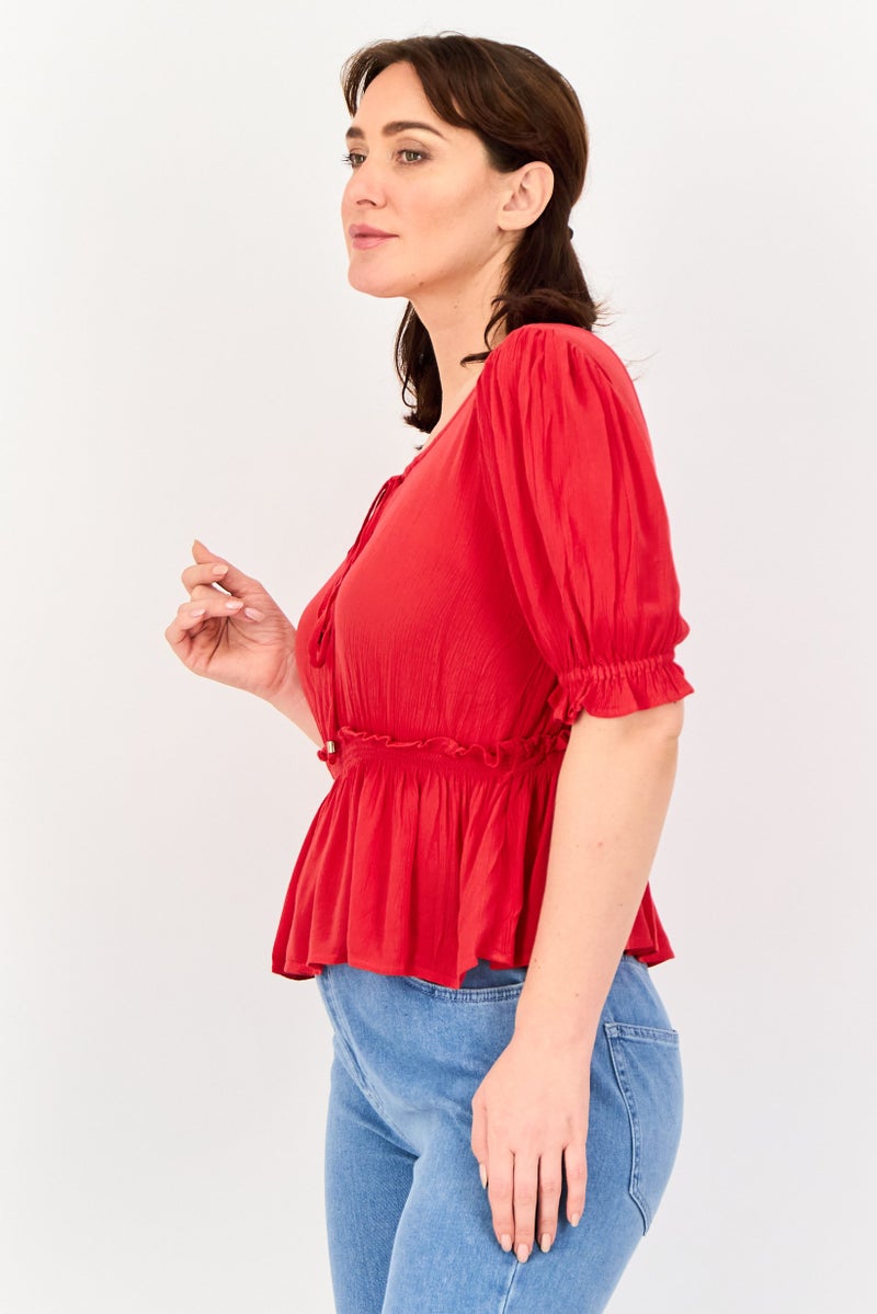 JDY Women Tie Neck Short Sleeve Solid Blouse, Red - Image 2