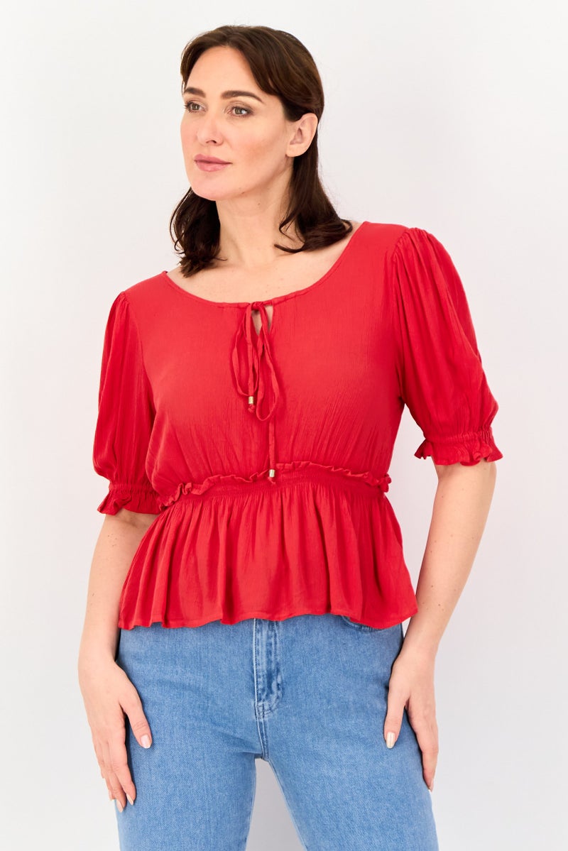 JDY Women Tie Neck Short Sleeve Solid Blouse, Red - Image 1