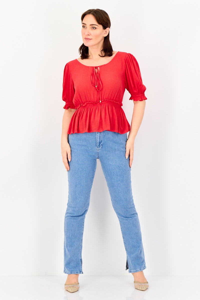 JDY Women Tie Neck Short Sleeve Solid Blouse, Red - Image 4