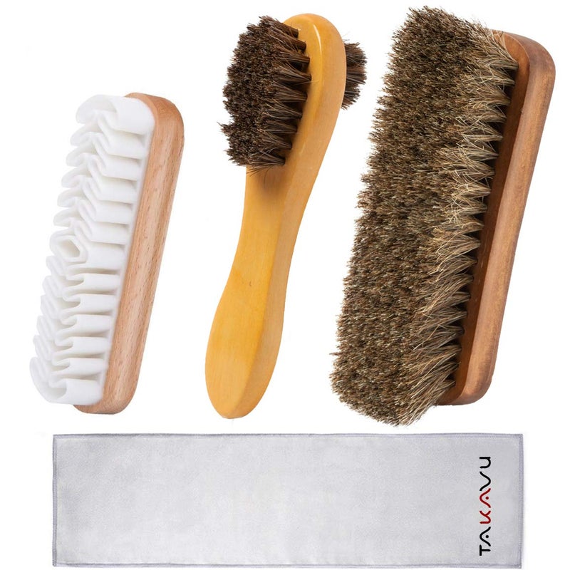 TAKAVU TAKAVU Shoe Shine Brushes Kit (4PCS) - 100% Soft Horsehair Bristles Brush, Polish Applicator, Crepe Suede Shoes Brush, Microfiber Buffing Cloth for Shoes, Leather, Boot, Cloth, Bag  - Image 1