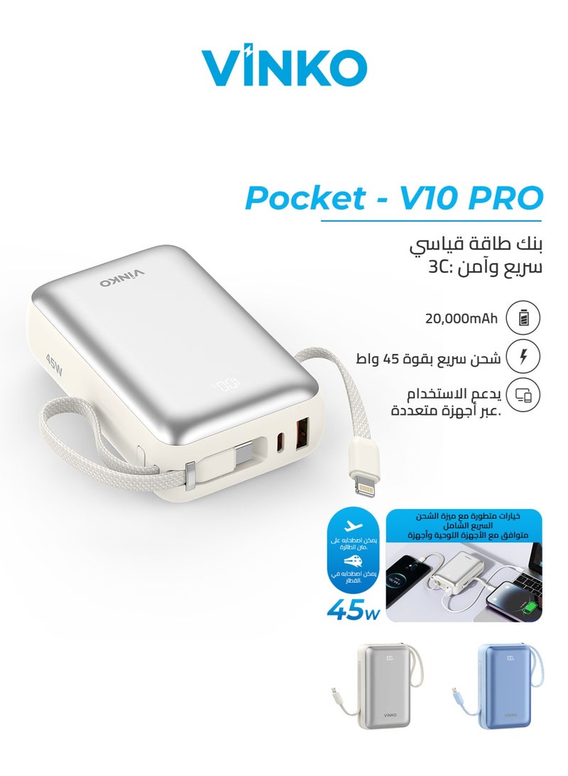 VINKO V10 PRO 20000mAh Mini Power Bank,45W Fast Charging,Pocket-size, Built-in Cable Lightning and Type-c,Two-Way Charging with Usb-C Integrated Cable, One Usb-C Port, Smart Digital Display,Mobile Power Suitable For iPhone17promax/16pro/16/15/14 series,SamsungGalaxyS24/S23Series,samsung,xiaomi,huawei,Android Tablets, Gaming Devices, Can Travel Anywhere by Plane-White - Image 1
