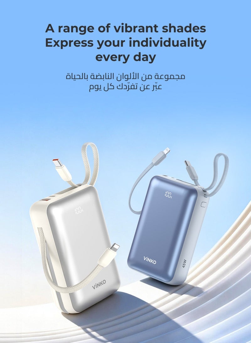 VINKO V10 PRO 20000mAh Mini Power Bank,45W Fast Charging,Pocket-size, Built-in Cable Lightning and Type-c,Two-Way Charging with Usb-C Integrated Cable, One Usb-C Port, Smart Digital Display,Mobile Power Suitable For iPhone17promax/16pro/16/15/14 series,SamsungGalaxyS24/S23Series,samsung,xiaomi,huawei,Android Tablets, Gaming Devices, Can Travel Anywhere by Plane-White - Image 2