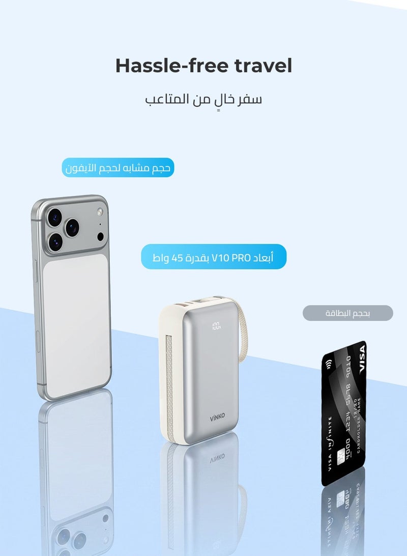 VINKO V10 PRO 20000mAh Mini Power Bank,45W Fast Charging,Pocket-size, Built-in Cable Lightning and Type-c,Two-Way Charging with Usb-C Integrated Cable, One Usb-C Port, Smart Digital Display,Mobile Power Suitable For iPhone17promax/16pro/16/15/14 series,SamsungGalaxyS24/S23Series,samsung,xiaomi,huawei,Android Tablets, Gaming Devices, Can Travel Anywhere by Plane-White - Image 3