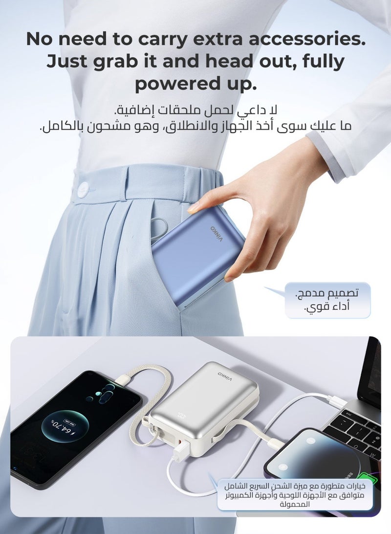 VINKO V10 PRO 20000mAh Mini Power Bank,45W Fast Charging,Pocket-size, Built-in Cable Lightning and Type-c,Two-Way Charging with Usb-C Integrated Cable, One Usb-C Port, Smart Digital Display,Mobile Power Suitable For iPhone17promax/16pro/16/15/14 series,SamsungGalaxyS24/S23Series,samsung,xiaomi,huawei,Android Tablets, Gaming Devices, Can Travel Anywhere by Plane-White - Image 5