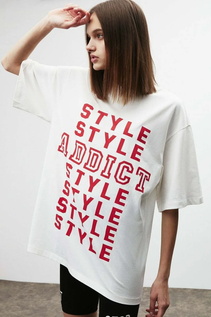 جريميلانج Maybe Women's Text Pattern Printed Oversize Fit 100% Organic Cotton Crew Neck White T-shirt
