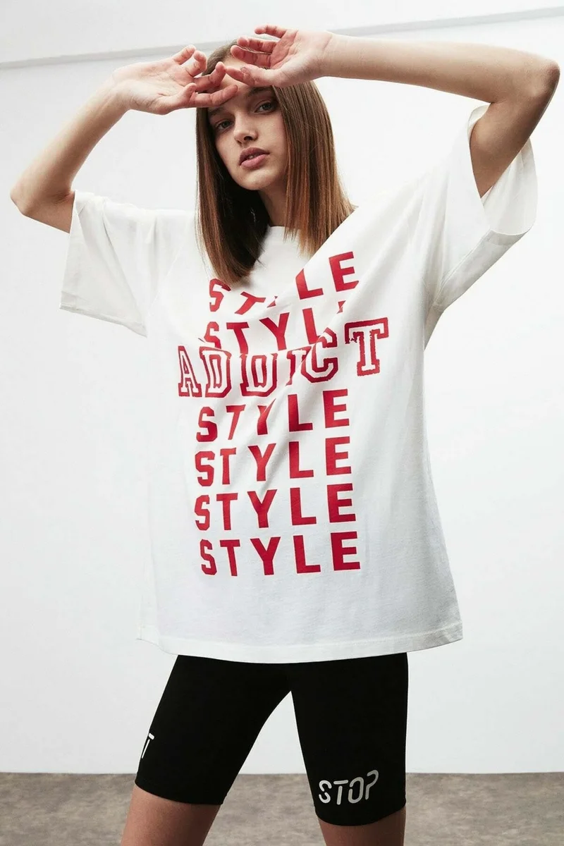 جريميلانج Maybe Women's Text Pattern Printed Oversize Fit 100% Organic Cotton Crew Neck White T-shirt