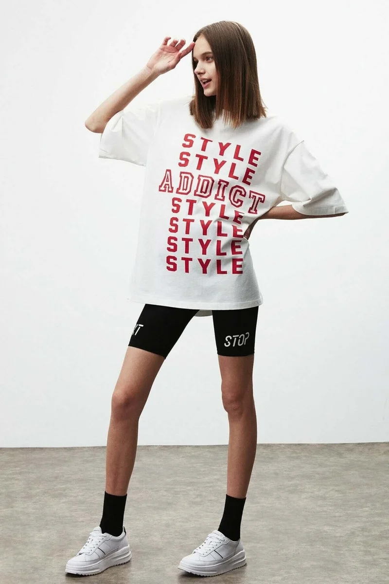 جريميلانج Maybe Women's Text Pattern Printed Oversize Fit 100% Organic Cotton Crew Neck White T-shirt