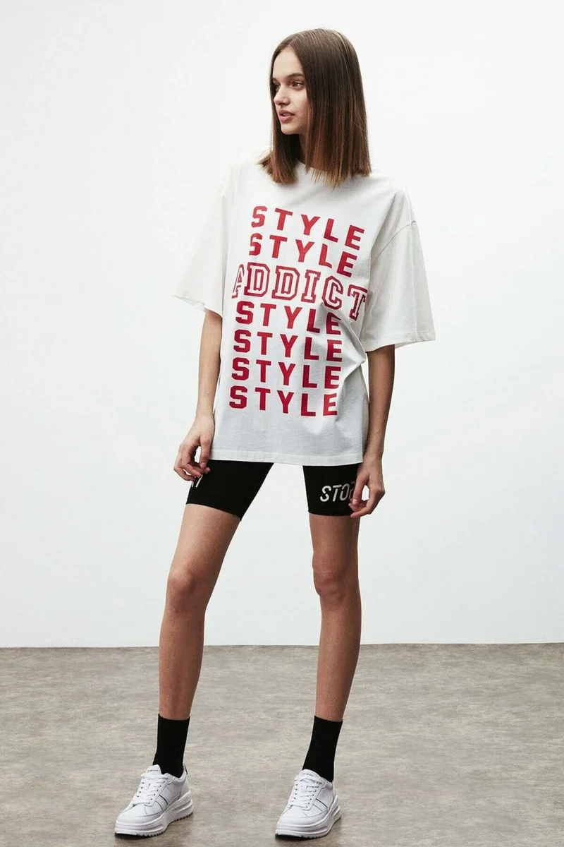 جريميلانج Maybe Women's Text Pattern Printed Oversize Fit 100% Organic Cotton Crew Neck White T-shirt
