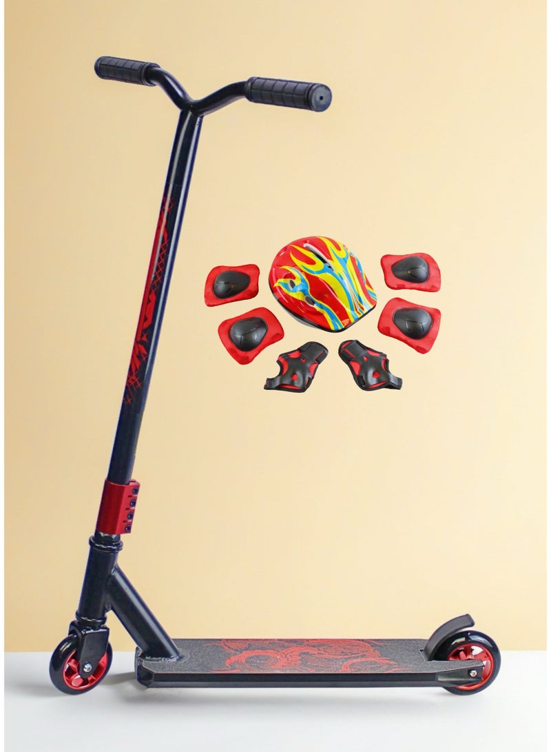 إيزي فيتشور سكوتر حركات بهلوانية خفيف الوزن بعجلتين من إيزي فيوتشر - سكوتر احترافي بسطح من الألومنيوم، وعجلات معدنية 110 مم، ومقود عريض، وفرامل فولاذية، ودوران 360 درجة، مثالي للمبتدئين والمتوسطين، بما في ذلك مجموعة معدات الحماية الكاملة - Image 1