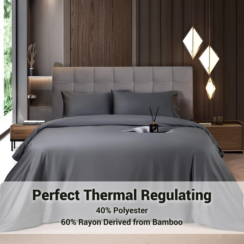 Bamboo Sheets Queen Size 4 Pc Dark Grey Set - Shockingly Soft Temp-Regulating Deep Pocket Cooling Bedding for Hot Sleepers Night Sweaters Luxury Home Use - Image 4