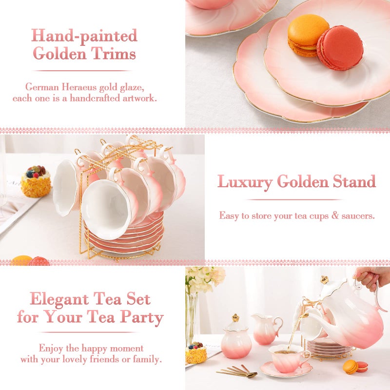 DUJUST 22 pcs Porcelain Tea Set for 6, Luxury British Style Tea/Coffee Cup Set with Golden Trim, Beautiful Tea Set for Women, Tea Party Set, Gift Package (With a Stand) - Gradient Pink - Image 4