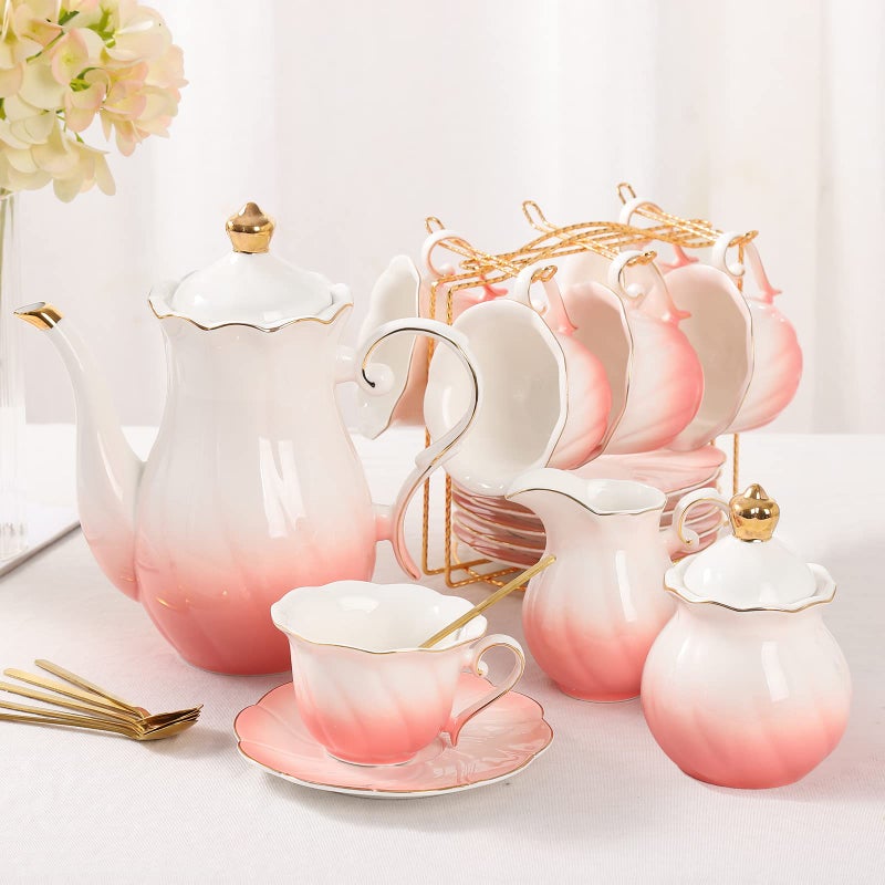 DUJUST 22 pcs Porcelain Tea Set for 6, Luxury British Style Tea/Coffee Cup Set with Golden Trim, Beautiful Tea Set for Women, Tea Party Set, Gift Package (With a Stand) - Gradient Pink - Image 1