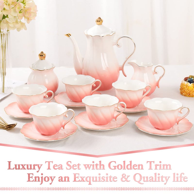 DUJUST 22 pcs Porcelain Tea Set for 6, Luxury British Style Tea/Coffee Cup Set with Golden Trim, Beautiful Tea Set for Women, Tea Party Set, Gift Package (With a Stand) - Gradient Pink - Image 2