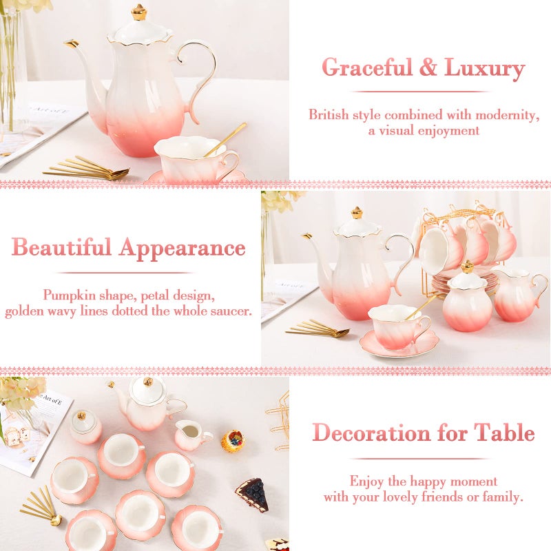 DUJUST 22 pcs Porcelain Tea Set for 6, Luxury British Style Tea/Coffee Cup Set with Golden Trim, Beautiful Tea Set for Women, Tea Party Set, Gift Package (With a Stand) - Gradient Pink - Image 3