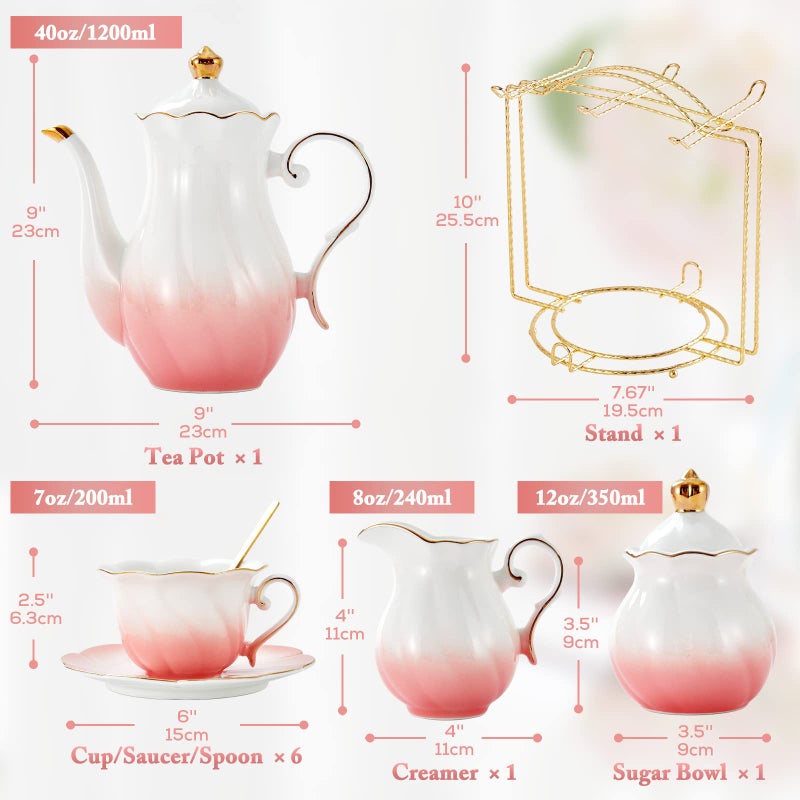 DUJUST 22 pcs Porcelain Tea Set for 6, Luxury British Style Tea/Coffee Cup Set with Golden Trim, Beautiful Tea Set for Women, Tea Party Set, Gift Package (With a Stand) - Gradient Pink - Image 5