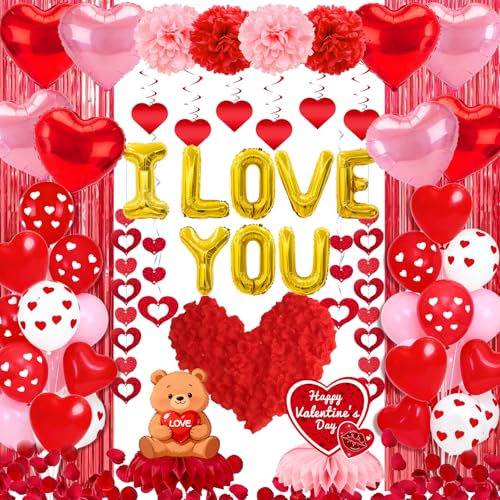 FINDRICH Valentines Day Decor Kit Happy Anniversary Decorations with I Love You Balloons 1000Pcs Silk Red Rose Petals Romantic Heart Balloon for Wedding Anniversary Valentines Day Decorations - Image 1