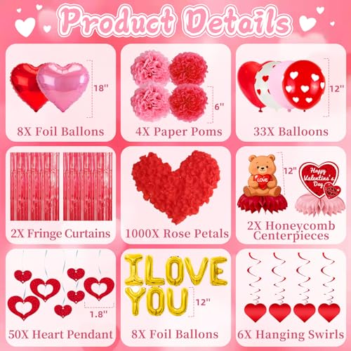 FINDRICH Valentines Day Decor Kit Happy Anniversary Decorations with I Love You Balloons 1000Pcs Silk Red Rose Petals Romantic Heart Balloon for Wedding Anniversary Valentines Day Decorations - Image 5