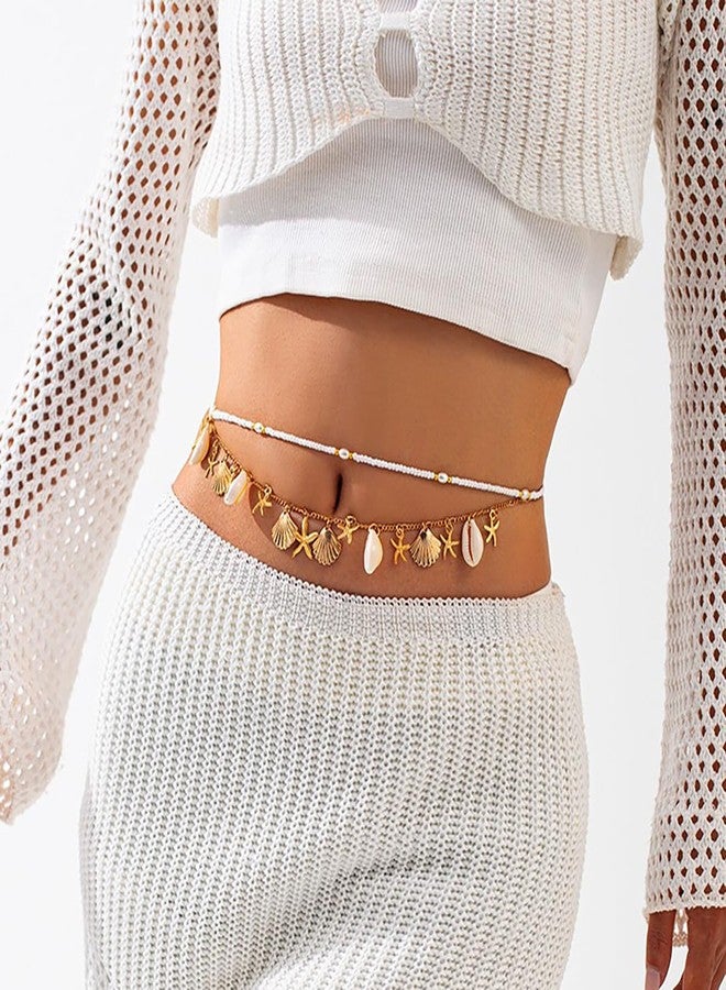 MIFYNN Shell Starfish Waist Chain for Women, Beach Wedding Body Jewelry, Boho Adjustable Belly Chain, Gold Plated Starfish Belly Jewelry, Summer Party Vacation Accessories (Gold1) - Image 2