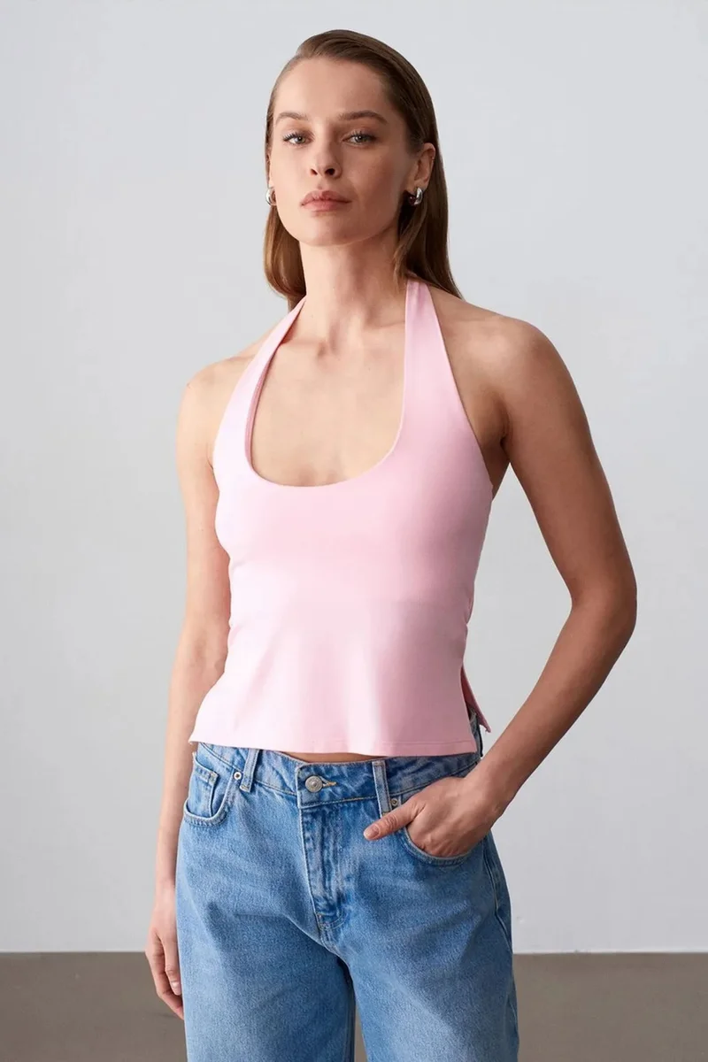 Dilvin Blush Pink DILVIN Halterneck Cut-Out Slim Fit Blouse for Women | Best Price UAE