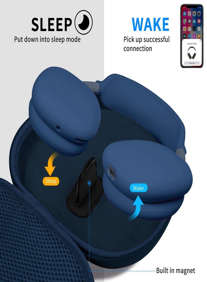 MINDRESY جراب صلب لسماعات AirPods Max يدعم وضع السكون، حقيبة سفر مزودة بغطاء سيليكون لسماعات AirPods Max، وغطاء لأكواب الأذن، وغطاء لعصابة الرأس، وحقيبة تخزين محمولة واقية لسماعات AirPods Max (أزرق) - Image 3