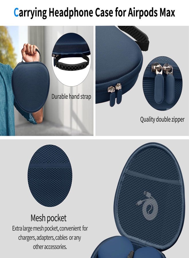 MINDRESY جراب صلب لسماعات AirPods Max يدعم وضع السكون، حقيبة سفر مزودة بغطاء سيليكون لسماعات AirPods Max، وغطاء لأكواب الأذن، وغطاء لعصابة الرأس، وحقيبة تخزين محمولة واقية لسماعات AirPods Max (أزرق) - Image 5