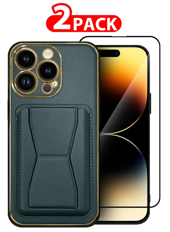 CATANES 2 Packs For iPhone 14 Pro Case Cover and Screen Protector Kickstand And Wallet Case Green - Image 1