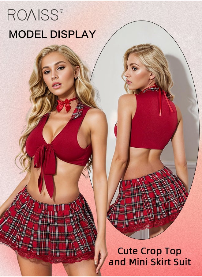 roaiss 2Pcs Uniform Underwear Suit for Women Lapel Strappy Lingerie Short Top and Lace Edge Plaid Elastic Waistband Mini Upskirt Ladies Sailor Suit Lingerie Suit Cosplay Costumes Schoolgirl Outfit  - Image 4