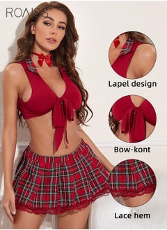roaiss 2Pcs Uniform Underwear Suit for Women Lapel Strappy Lingerie Short Top and Lace Edge Plaid Elastic Waistband Mini Upskirt Ladies Sailor Suit Lingerie Suit Cosplay Costumes Schoolgirl Outfit  - Image 3