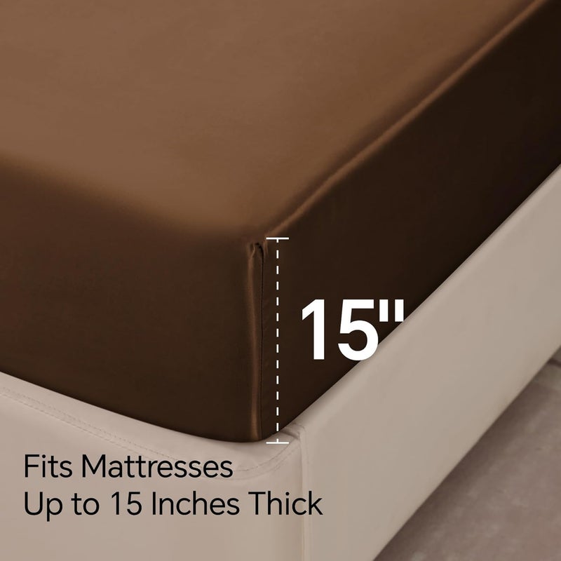 BEDELITE Satin Fitted Sheet and Pillowcase Set, Luxury Soft Similar to Silk Bottom Bedsheet with Elastic Corner Straps, Deep Pocket up to 15 Inch, 1 Fitted Sheet and 1 Pillowcase(Twin XL, Brown) - Image 5