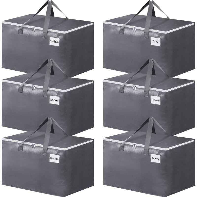 BlissTotes Large Moving Boxes and with Zippers Handles Moving Supplies with lids Heavy Duty Totes for Storage Bags for Space Saving Fold Flat Moving and Storing 125L 6 Pack