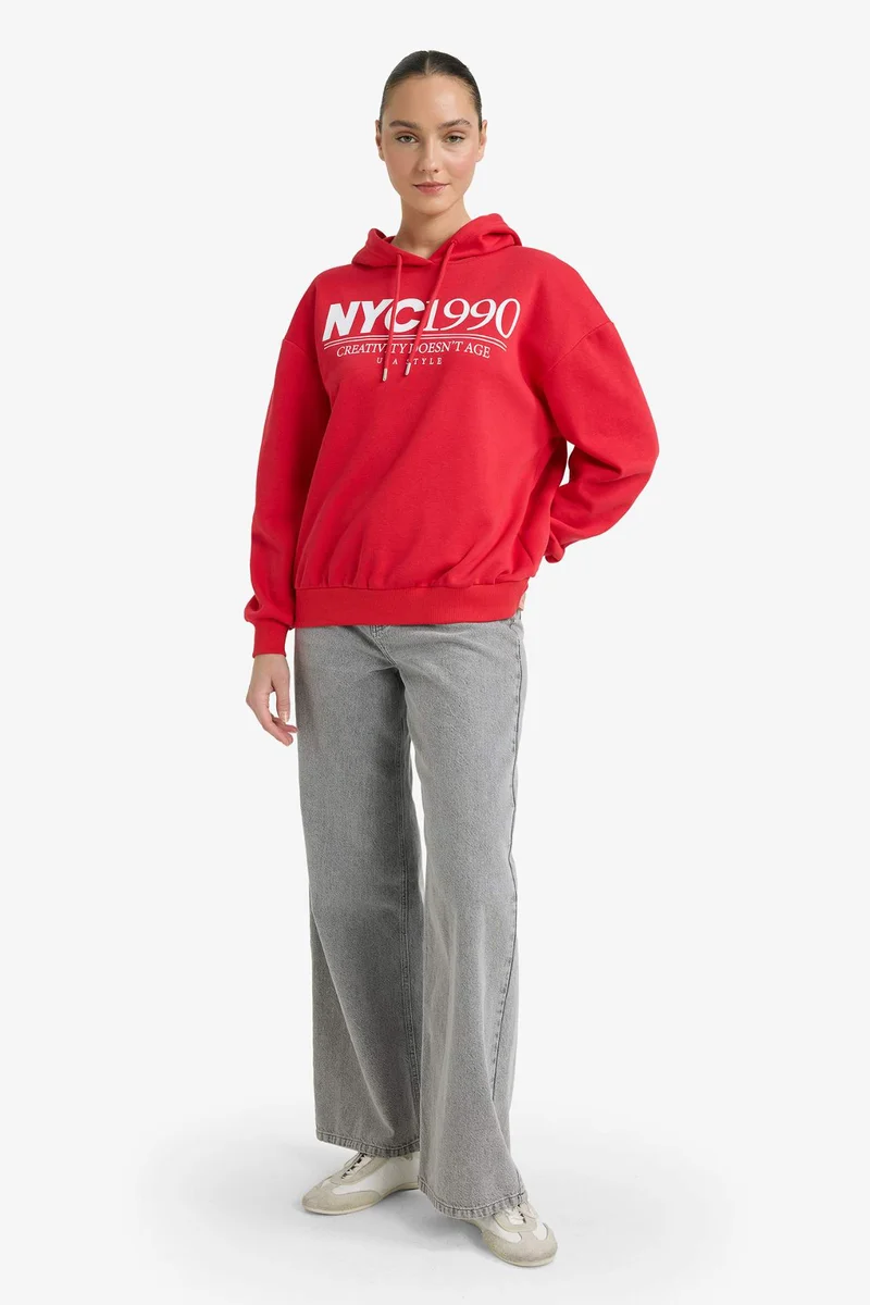 ديفاكتو Relax Fit Hooded Printed Thick Fabric Sweatshirt