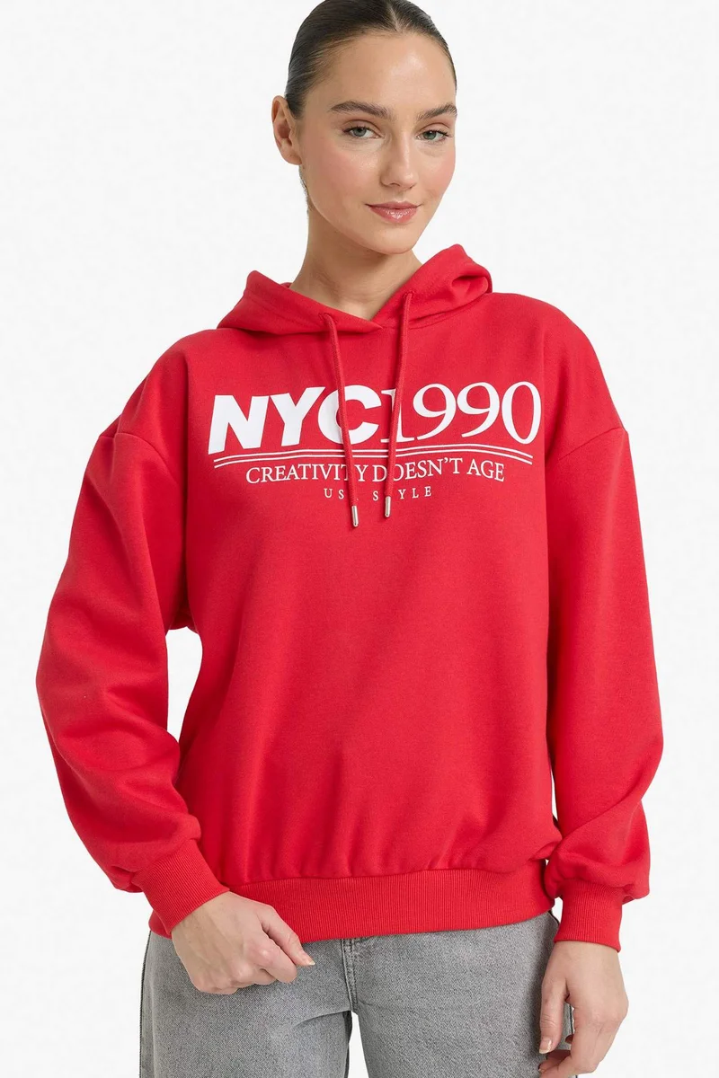 ديفاكتو Relax Fit Hooded Printed Thick Fabric Sweatshirt
