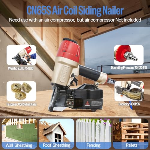 meite Siding Nailer, Pneumatic Siding Nail Gun Lightweight Air Coil Nail Gun with Safety Nose, Nail Depth and 360°Exhaust Adjustable, Compatible with 1-1/2" to 2-1/2" Coil Siding Nails (CN65S) - Image 2