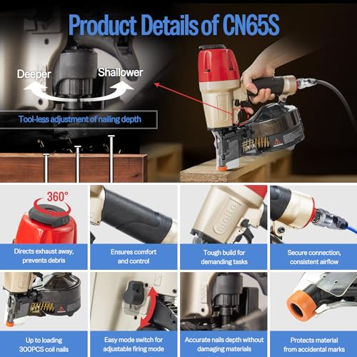 meite Siding Nailer, Pneumatic Siding Nail Gun Lightweight Air Coil Nail Gun with Safety Nose, Nail Depth and 360°Exhaust Adjustable, Compatible with 1-1/2" to 2-1/2" Coil Siding Nails (CN65S) - Image 4
