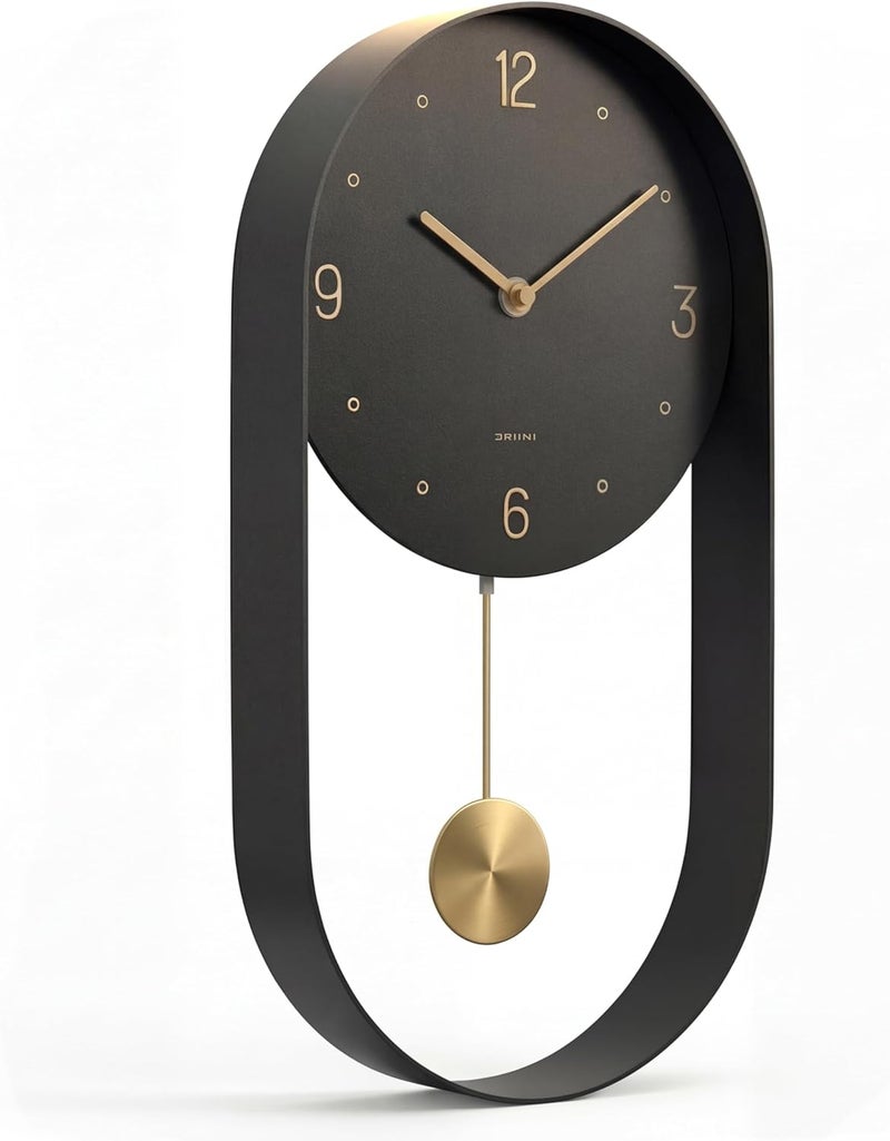 Driini Modern Pendulum Wall Clock - Decorative and Unique Metal Frame, with 8 Inch Face - Contemporary, Minimalist Design, with Silent Battery Operation - includes Both Black and Gold Pendelum - Image 1
